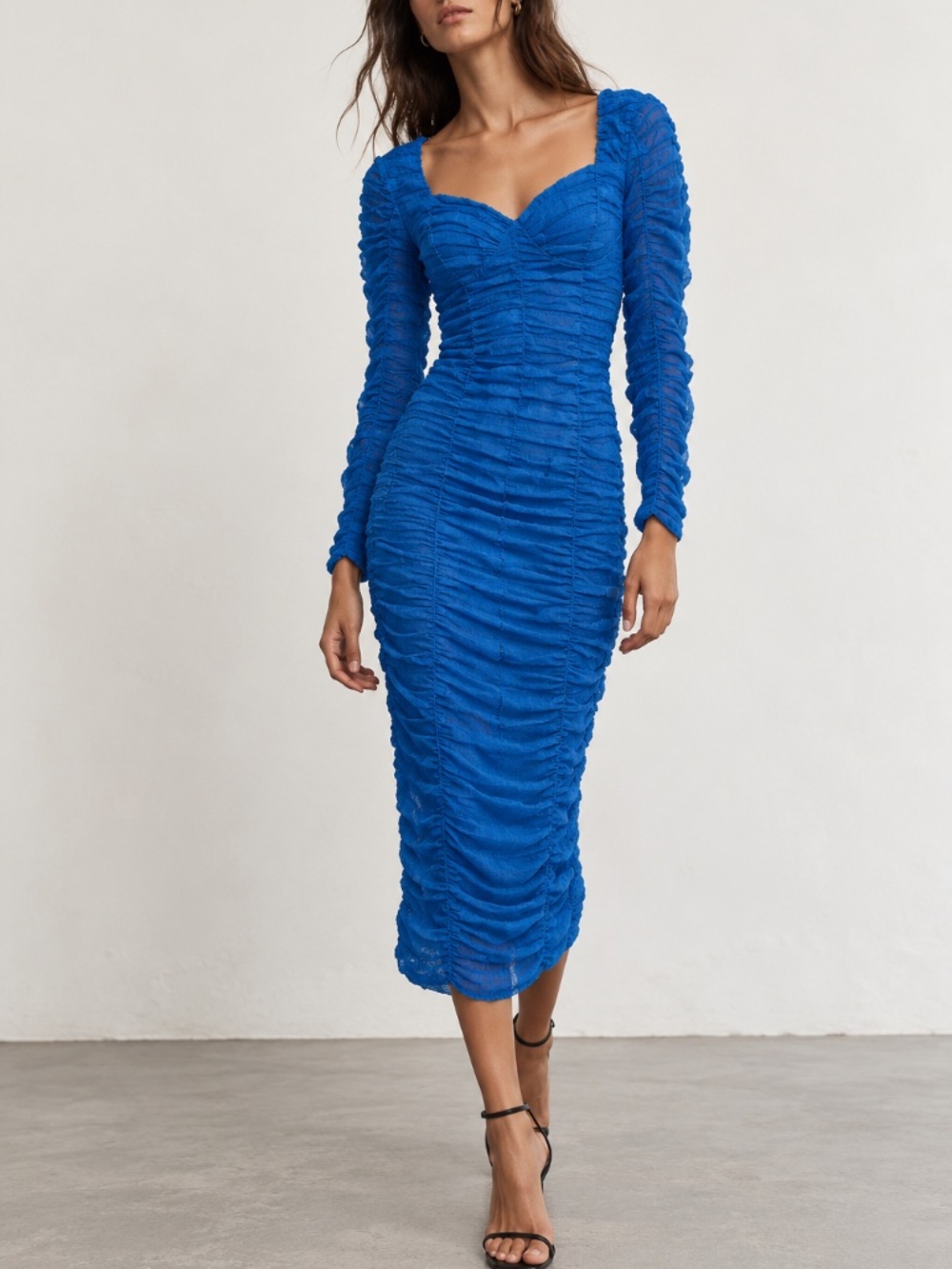 Zara Long Sleeve Textured Midi Dress in Blue women size XS long sleeve modern